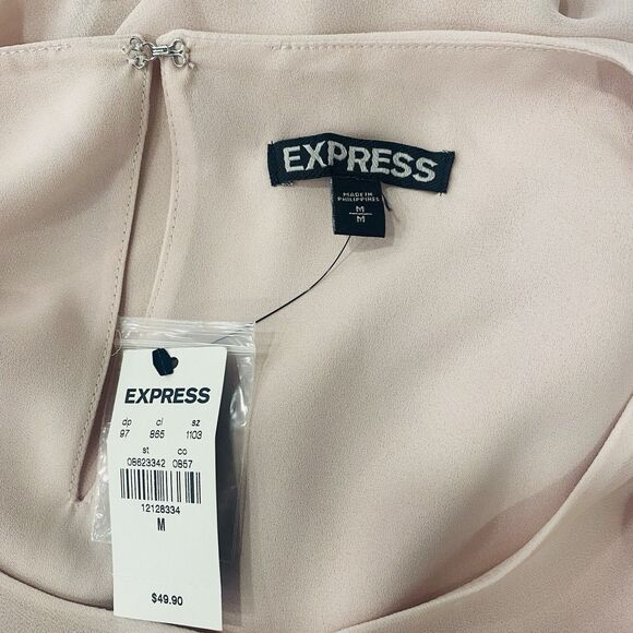 EXPRESS NWT M Women's Pink Sheer Chiffon Blouse Round Neck Balloon Sleeve Office - Picture 7 of 16